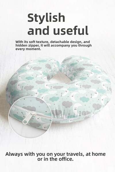 Evimde Bambaşka Moon and Cloud Patterned Cotton Neck Pillow - Cute Pastel Blu...