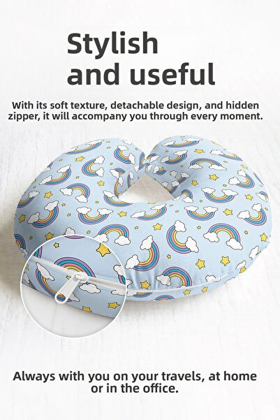 Evimde Bambaşka Colorful Rainbow Cloud Star Pattern Neck Pillow - Pastel Blue...