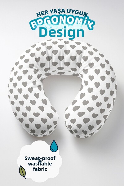 Evimde Bambaşka Gray Heart Cotton Neck Pillow - Minimalist White Gray Soft Tr...