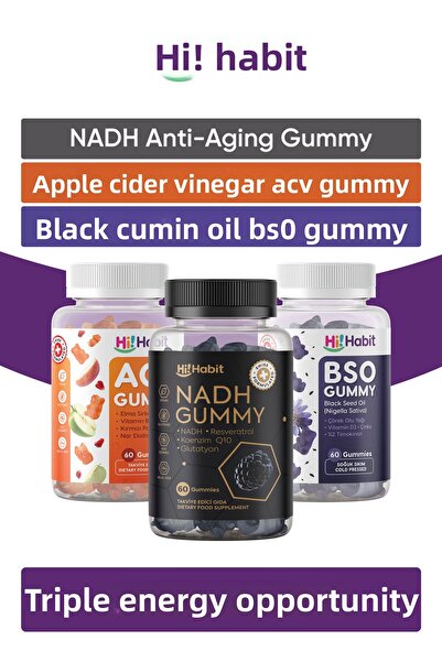 Hi Habit NADH + علكة خل التفاح + علكة زيت فلفل أسود - مجموعة من 3 - علكات نباتية