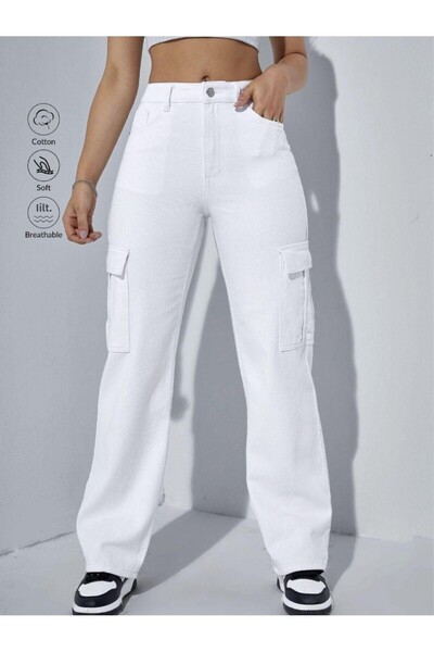 SHEVEGA Women's White Cargo Pocket Boyfriend Linen Baggy Pants