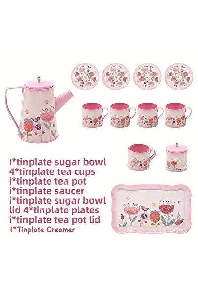TOYFEST Flower Patterned Metal Tea Set 12 Pieces – Colorful Play Tea Serving Set for Kids - Pink