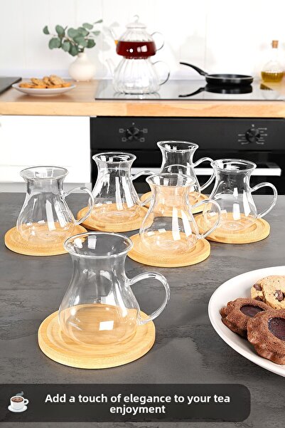 Meleni Home 12 Pieces Borosilicate Glass Chubby Tea Cup Set - Bamboo Coaster Tea Cup with Handle 200 ml