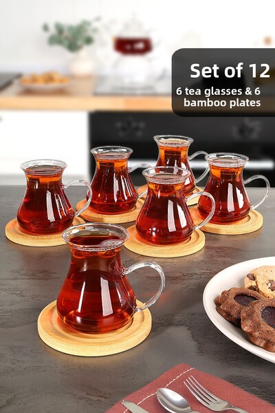 Meleni Home 12 Pieces Borosilicate Glass Chubby Tea Cup Set - Bamboo Coaster Tea Cup with Handle 200 ml