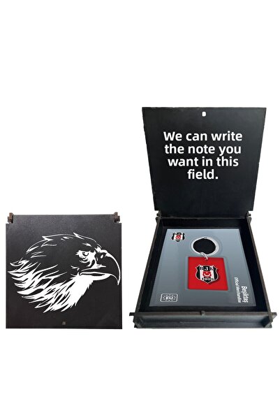 Beşiktaş Licensed Red Logo Double-Sided Stick Keychain with Eagle Wooden Box