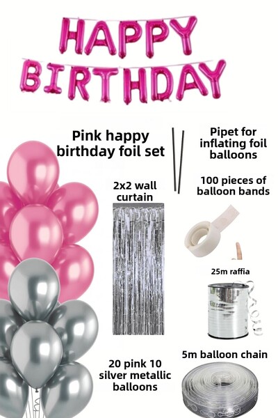 Baloncu Nene Pink Happy Birthday Foil Set Pink Silver Balloon Party Birthday Decoration Set