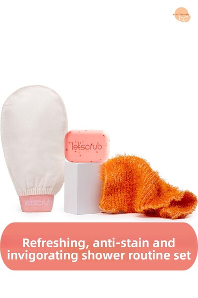 LET'SCRUB مجموعة دش مجددة ومضادة للبقع ومنتعشة، منشفة حمام إكرو، صابون وردي، منشفة حمام برتقالية