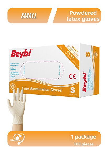 Beybi قفازات الفحص من اللاتكس البودرة، عبوة من 100 قطعة، مقاس S