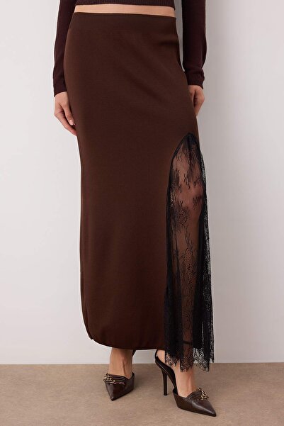 Trendyol Collection Brown Knitwear Lace Slit Detailed Maxi Skirt Twoaw26Et00117