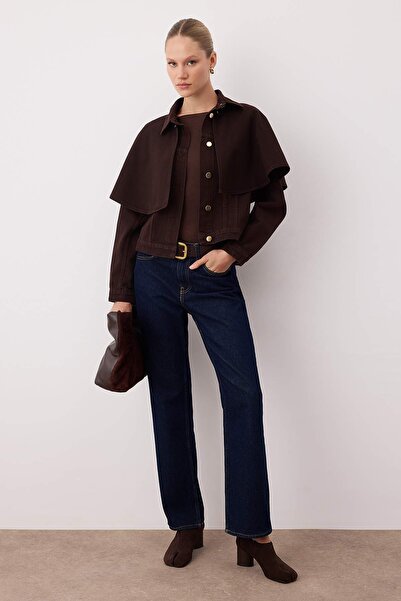 Trendyol Collection Καφέ τζιν παλτό πόντσο με αφαιρούμενο μανδύα TWOAW26CE00001