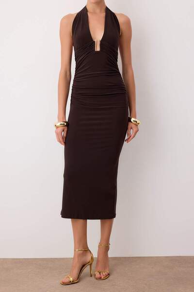 Trendyol Collection Brown Midi Cocktail Dress with Accessory Detail Tpraw26El00076