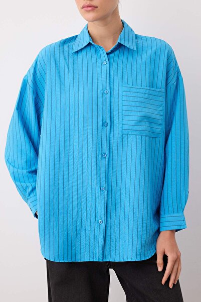 Trendyol Collection Light Blue Striped Pocket Detail Oversize Woven Shirt Twoaw26Go00073