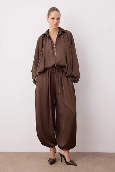 Trendyol Collection Brown Satin Balloon Mold Pants Jacket Woven Bottom - Top Set Twoaw26Au00114