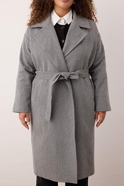 Trendyol Curve Black Gray Herringbone Double Breasted Long Oversize Plus Size Cashmere Coat Twoaw26Dd00007