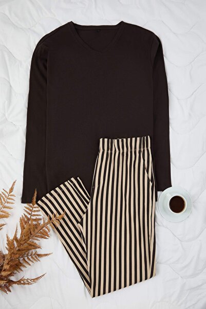 Trendyol Collection Коричневий Regular Fit 100% бавовна Смугастий трикотажний піжамний комплект THMAW21PT0715