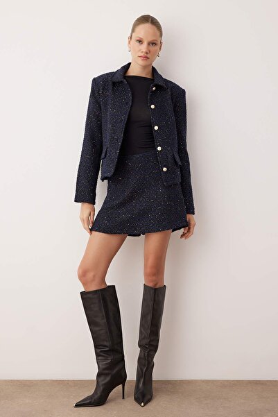 Trendyol Collection Sötétkék csillogó tweed elegáns rövidnadrág és Bermuda TWOAW26ET00043