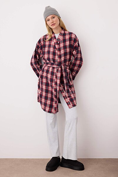 Trendyol Collection Red-Multicolor Belted Plaid Winter Flannel Woven Dressing Gown Thmaw26Sb00001