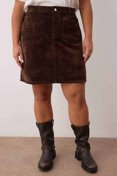 Trendyol Curve Brown Suede Look Regular Waist Mini Denim Skirt Tbbaw26Az00005