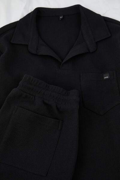 Trendyol Collection Black Regular Cut Polo Neck Label Detail Textured Pajama Set Tmnaw26Pt00029