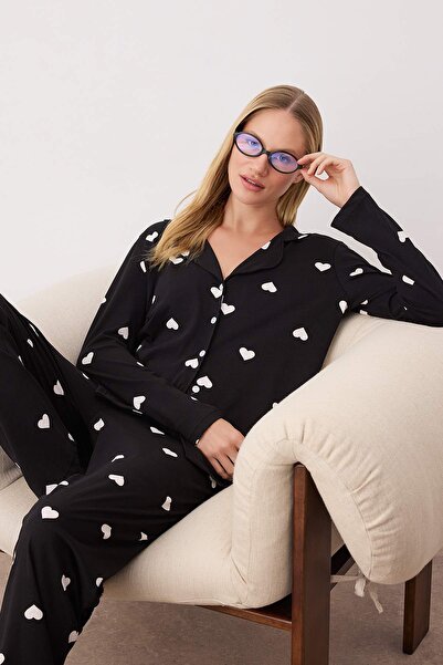 Trendyol Collection Set pijama negru 100% bumbac cu model inimă THMAW21PT0548