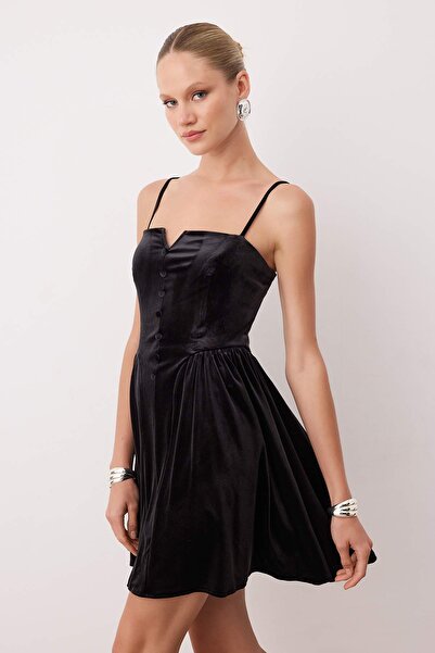 Trendyol Collection Black Solid Button Knitted Velvet Mini Unlined Dress Tpraw26El00028