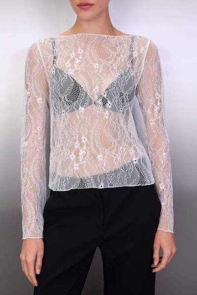 Trendyol Collection Weiße, reguläre Passform, dehnbare Strickbluse mit U-Boot-Ausschnitt und Spitze TWOSS23BZ00795