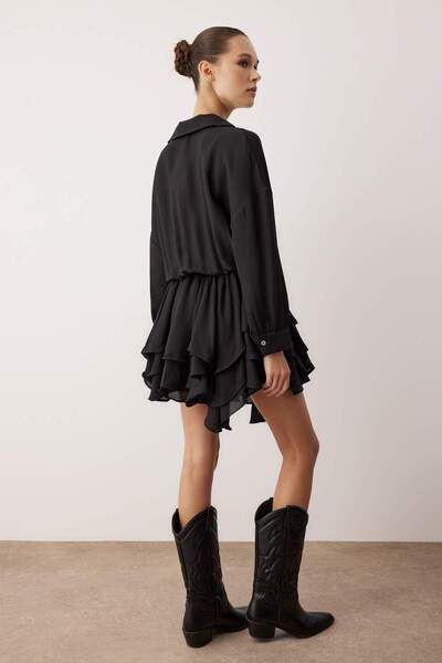 Trendyol Collection Black Super Mini Skirt Flywheel Detailed Woven Chiffon Dress Twoaw26El00310