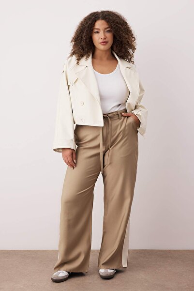 Trendyol Curve Бежеві штани з еластичним поясом, шнурівкою та панелями з тканини, великий розмір TBBAW26AR00017