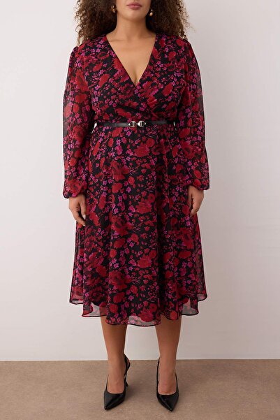 Trendyol Curve Μπορντό φλοράλ ζωνάκι σε γραμμή Α μίντι διπλό πέτο με σχέδιο σιφόν υφαντό φόρεμα TBBAW25AH00108