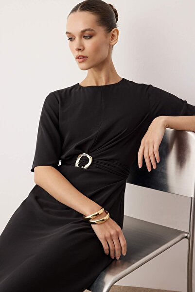 Trendyol Collection Black Plain Accessory Detail Midi Woven Dress Twoaw26El00067