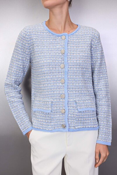 Trendyol Collection Cardigan tricotat cu aspect tweed cu detaliu cu nasturi albastru TWOAW26HI00227