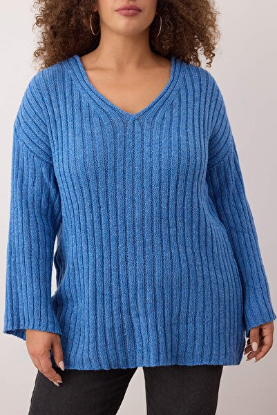 Trendyol Curve Indigo V-neck з широким коміром, тонкий трикотажний светр TBBAW25AN00023