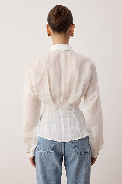 Trendyol Collection White Gold Button Detailed Lightweight Transparent Fitted Shirt Twoaw26Go00104