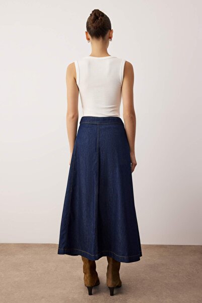 Trendyol Collection Dark Blue Belt Detailed Double Breasted Midi Denim Skirt Twoaw26Et00120