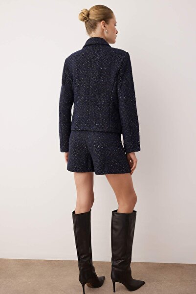 Trendyol Collection Navy Blue Glitter Tweed Button Stylish Jacket Twoaw26Ce00015