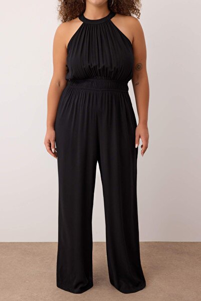 Trendyol Curve Black Halter Neck Woven Plus Size Jumpsuit Tbbss25Bg00018