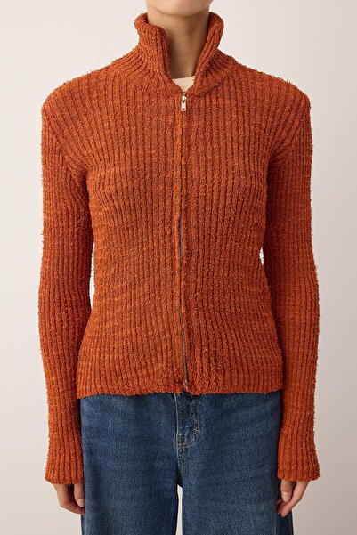 Trendyol Collection Wardrobe Essentials Orange Zip-Up Stand Collar Soft Textured Cotton Knitwear Cardigan Twoaw26Hi00088