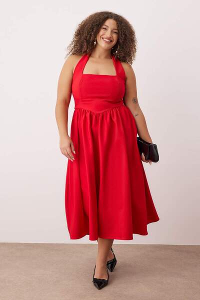 Trendyol Curve Κόκκινο τετράγωνο φόρεμα με γιακά Skater Midi Finike Woven Plus Size TBBSS25AH00255