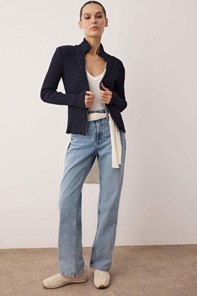 Trendyol Collection Wardrobe Essentials Navy Blue Zip-Up Stand Collar Soft Texture Cotton Knitwear Cardigan Twoaw26Hi00088