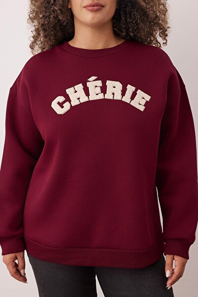 Trendyol Curve Bordó, vastag polár béléssel, túlméretezett/bő szabású, szlogennel hímzett, kötött, nagy méretű pulóver TBBAW26AO00008