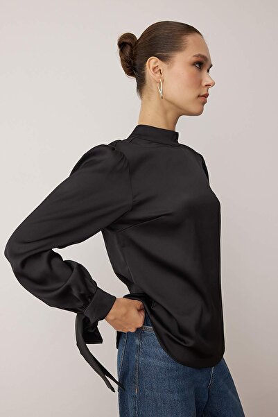 Trendyol Collection Black Satin Woven Blouse with Tie Detail Tofaw19Fg0082