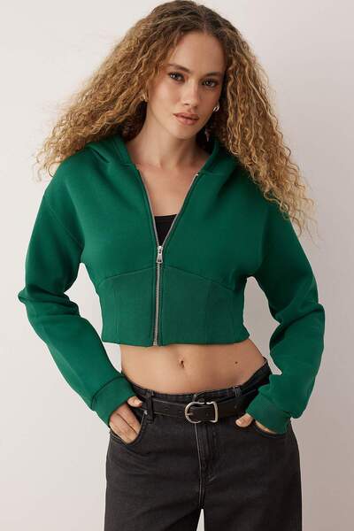 Trendyol Collection Emerald Green Zippered Hooded Waist-Fitted Stretchy Knitted Sweatshirt Twoaw26Sw00089
