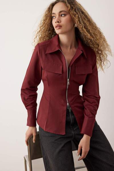 Trendyol Collection Burgundy Zipper Detailed Shirt Twoaw26Go00044