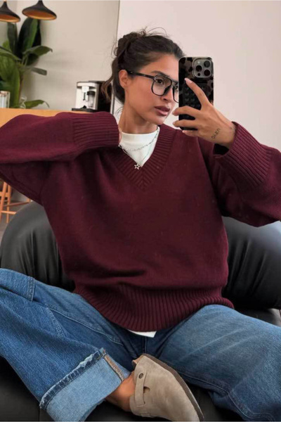 Madmext Pulover de tricotat pentru femei, oversize, cu decolteu în V, roșu claret închis MG2149
