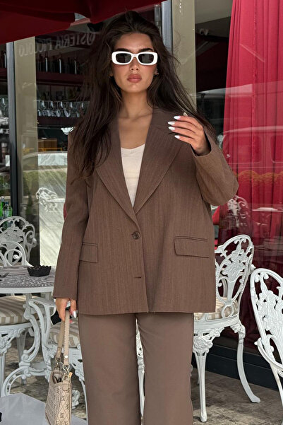 Madmext Kahverengi Keten Blazer Kadın Ceket Mg2443