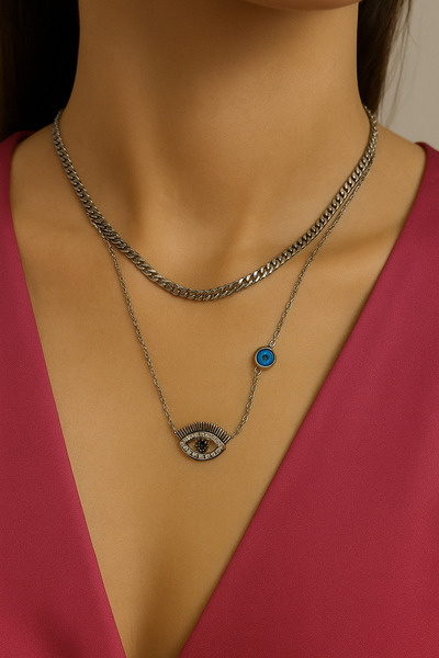 shop Eye Figured Evil Eye Beaded Silver Necklace with Steel No Darkening