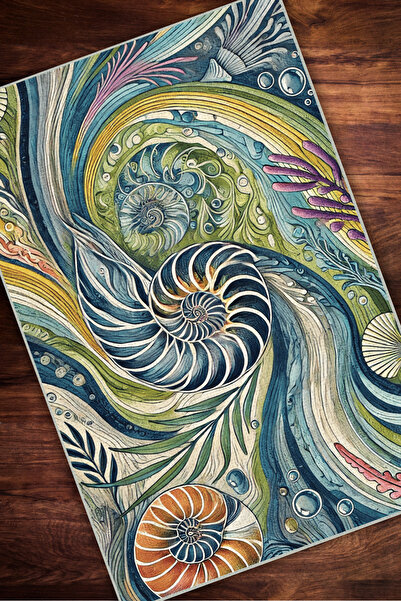 The Reef Design Deniz Kabuğu Desenli Deniz Temalı Dijital Baskılı Oturma Odası Halısı Yazlık Halısı Genç Halısı