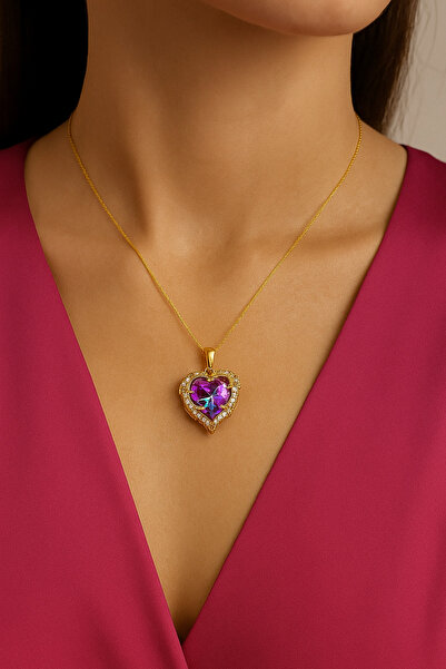 shop 1.Sınıf Çelik Kararma Yapmaz Okyanus Kalpli Mor Mavi Kolye