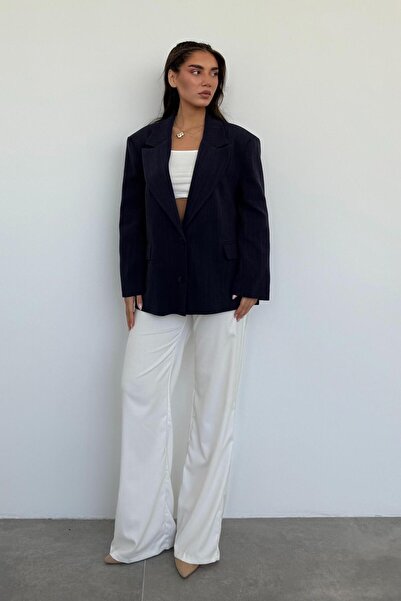 Madmext Lacivert Keten Blazer Kadın Ceket Mg2443