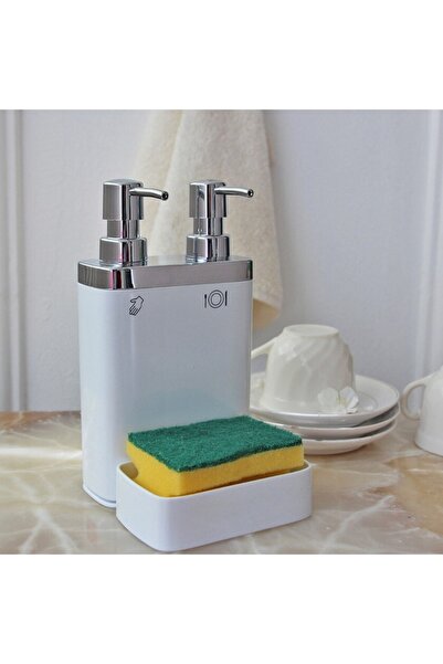 almital mobilya aksesuarları furniture accessories Dozator de săpun lichid de bucătărie alb, cu recipient din burete (300 ml) și dozator de detergent pentru vase (500 ml)
